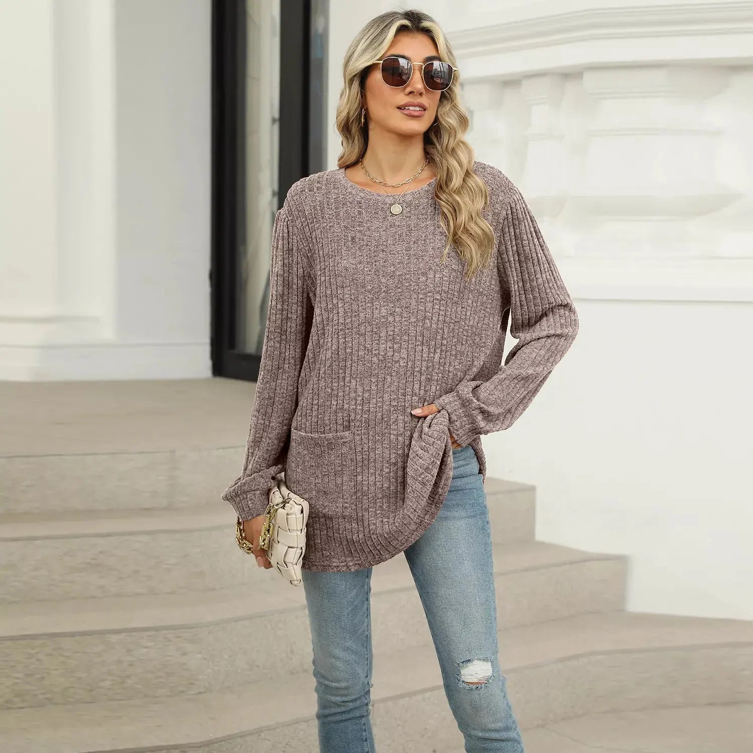 Cozy Ribbed Knit Long Sleeve Tunic Top with Pockets - Be Bliss Boutique