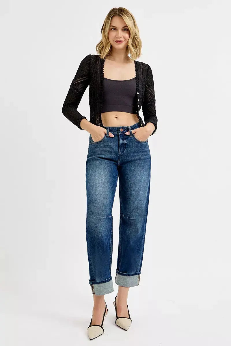 RISEN Jeans - Slouchy Crop Barrel Cuffed Jeans in Dark Wash - Be Bliss Boutique