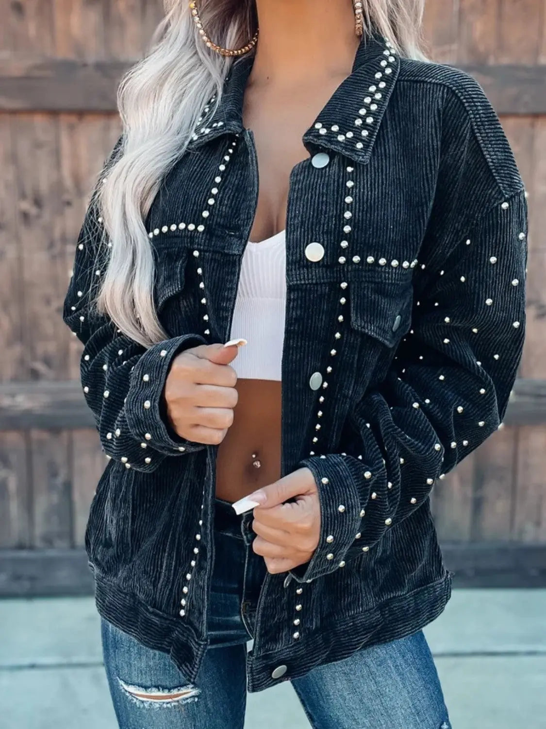 Studded Collared Neck Button Down Jacket - Be Bliss Boutique