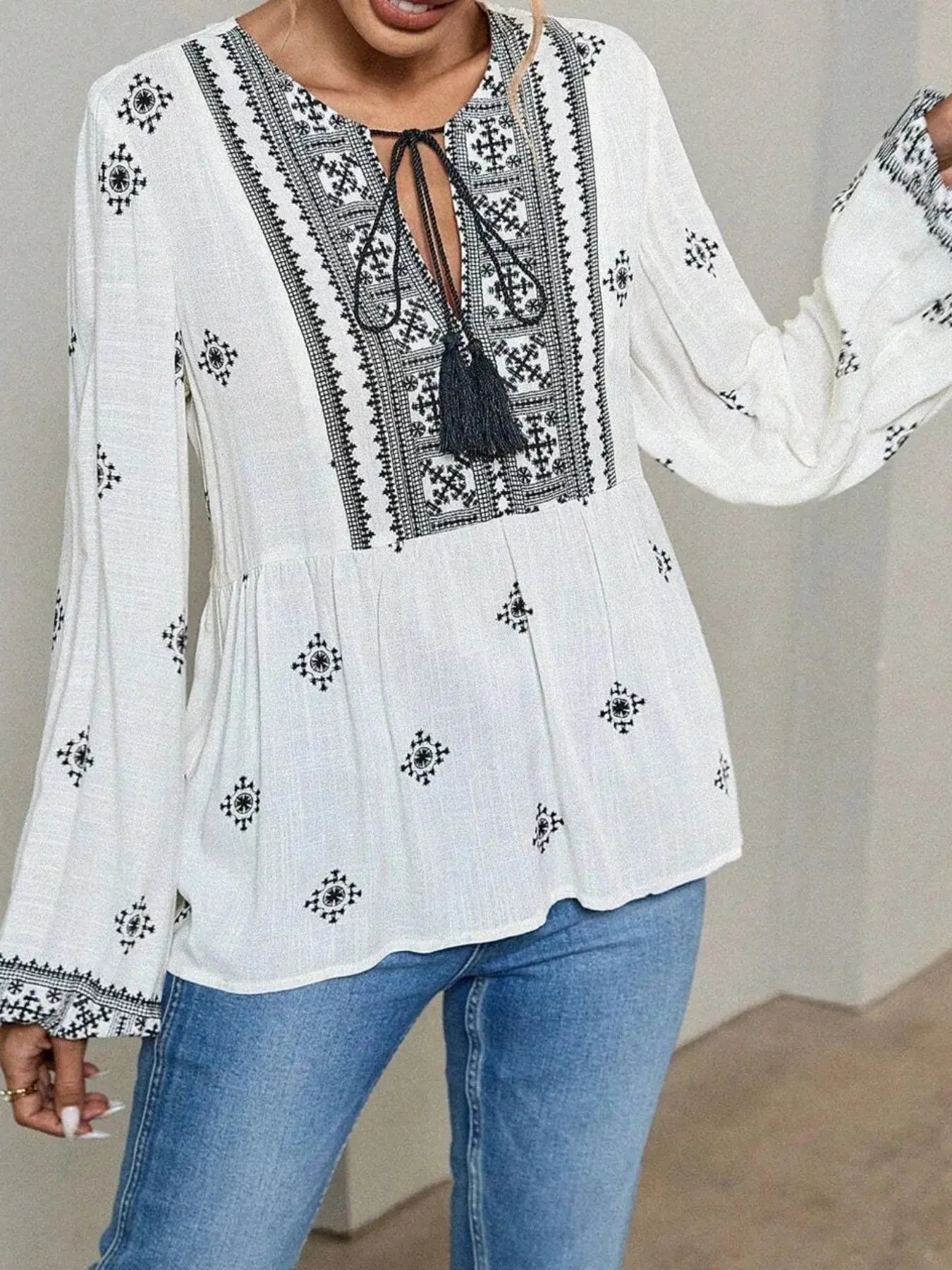 Tie Front Long Sleeve Boho Blouse - Be Bliss Boutique