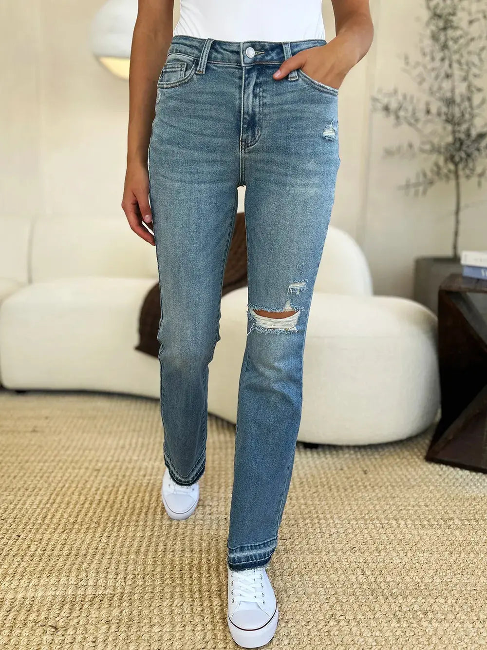 Full Size Mid Rise Destroyed Hem Distressed Judy Blue Jeans - Be Bliss Boutique