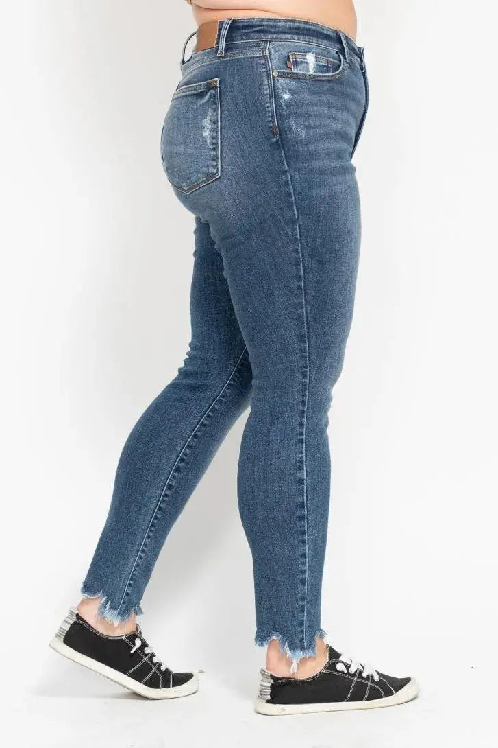Plus Size High Waist Skinny Judy Blue Jeans with Destroy & Shark Bit Hem - Be Bliss Boutique