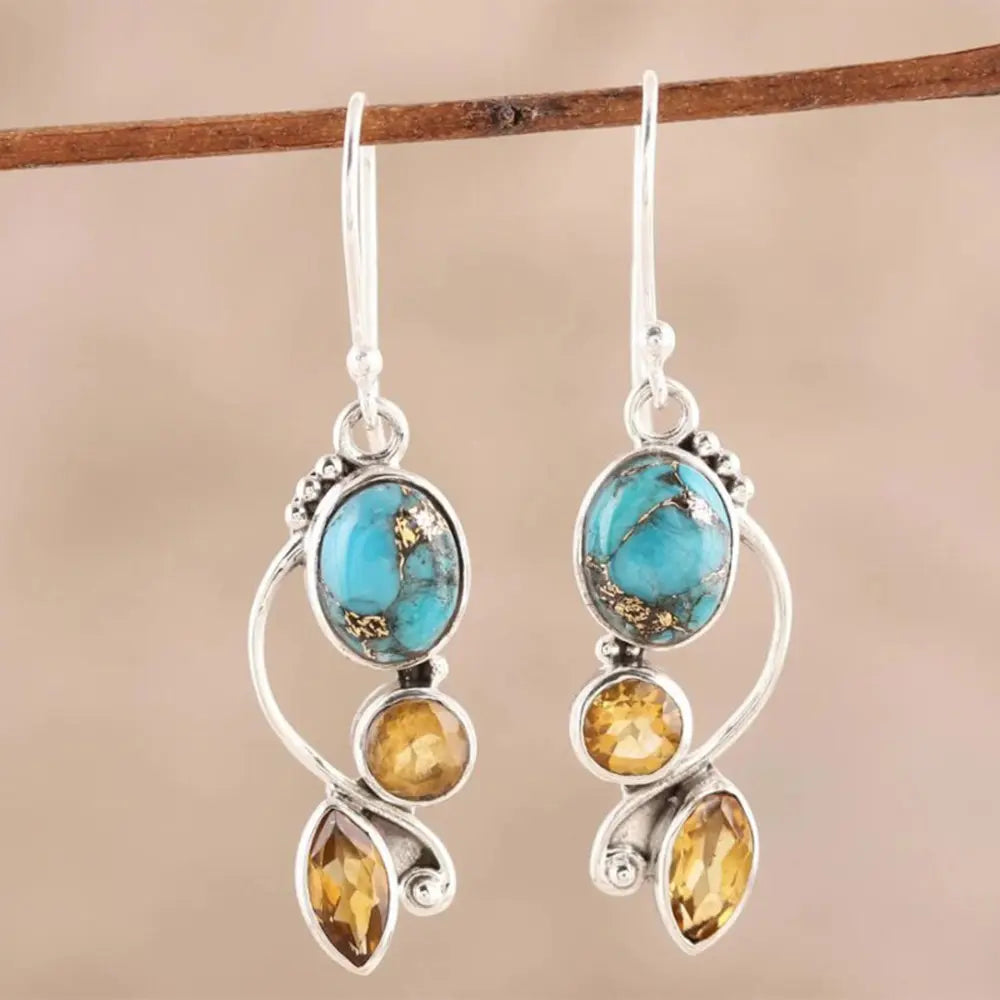 Turquoise & Amber-Inspired Geometric Alloy Dangle Earrings - Be Bliss Boutique