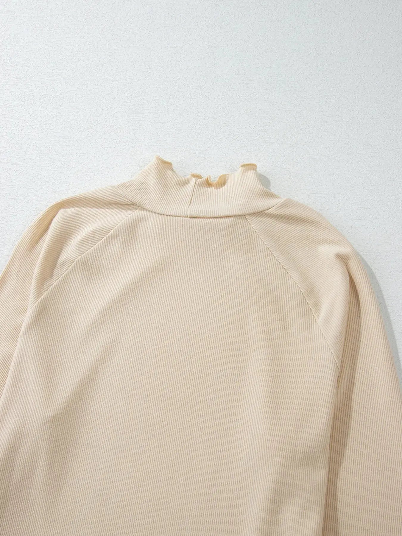 Ribbed Knit Lettuce Trim Long Sleeve Mock Neck Top - Be Bliss Boutique