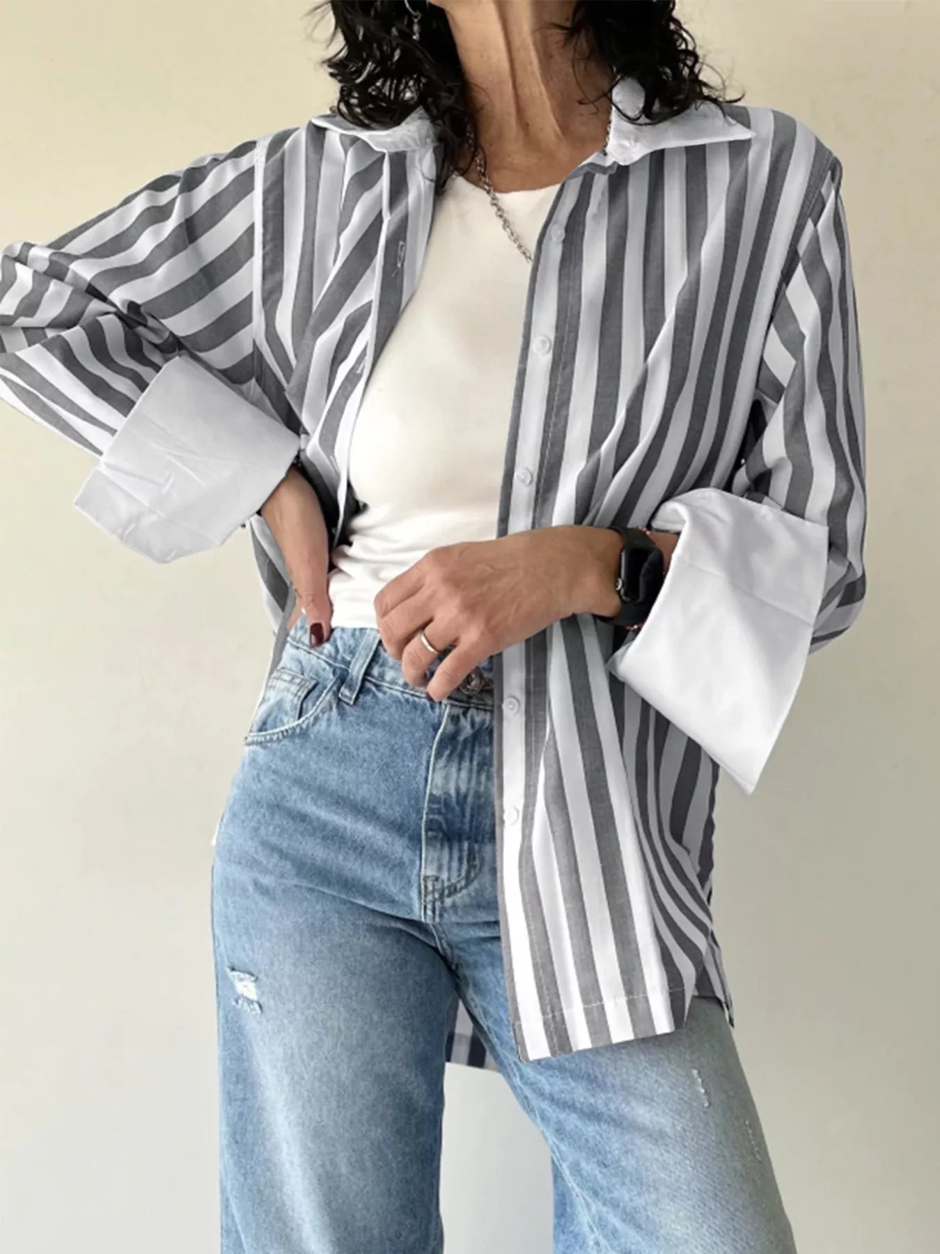 Striped Oversized Button-Up Shirt - Be Bliss Boutique