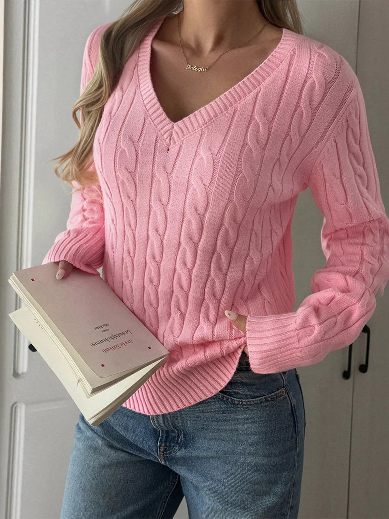 Cable Knit V Neck Sweater - Be Bliss Boutique