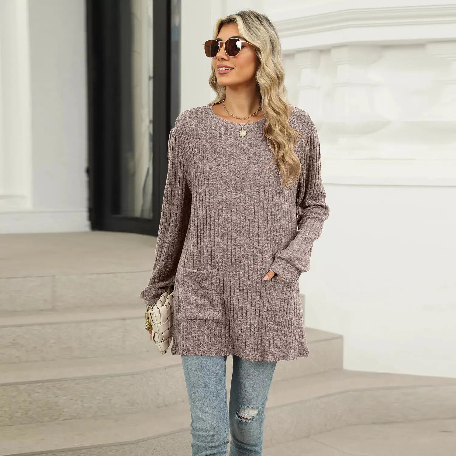 Cozy Ribbed Knit Long Sleeve Tunic Top with Pockets - Be Bliss Boutique