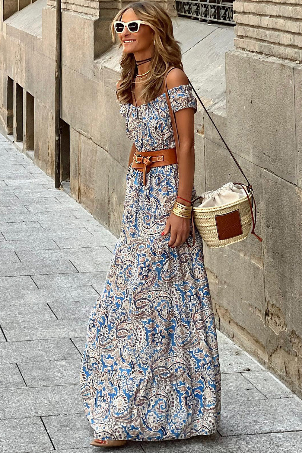 Blue Paisley Print Boho Off Shoulder Maxi Dress - Be Bliss Boutique