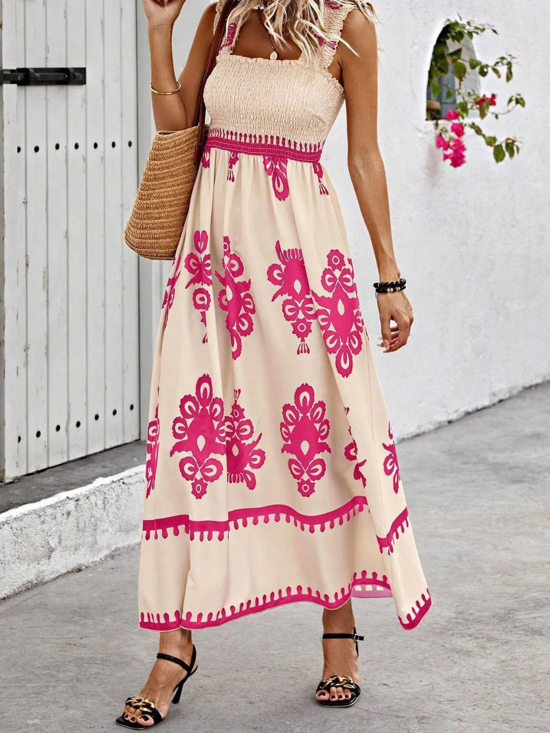 Smocked Printed Wide Strap Maxi Dress - Be Bliss Boutique