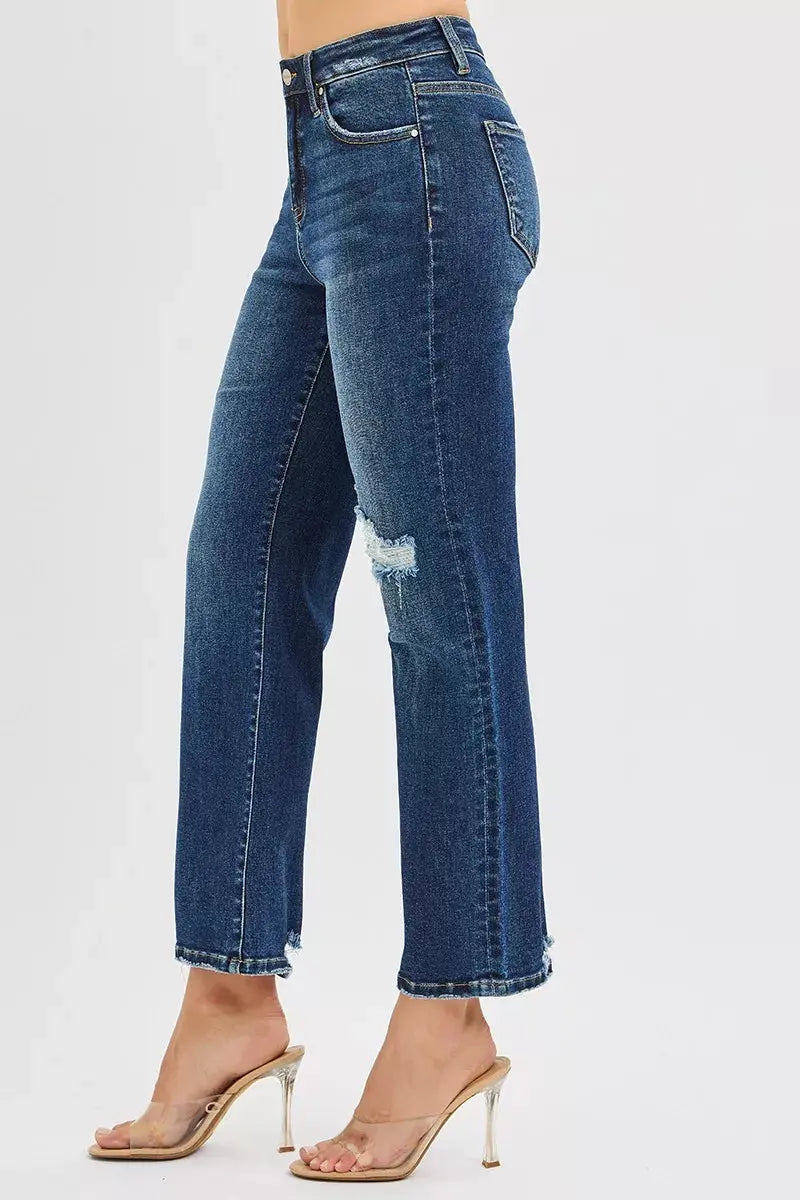 High Rise Crop Slim Straight RISEN Jeans with Hidden Knee Patch - Be Bliss Boutique