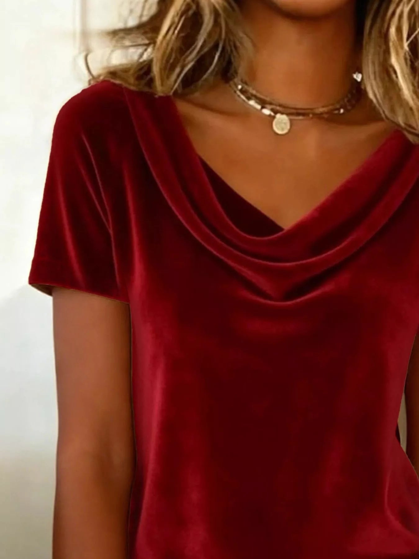 Velvet Cowl Neck Short Sleeve Top - Be Bliss Boutique