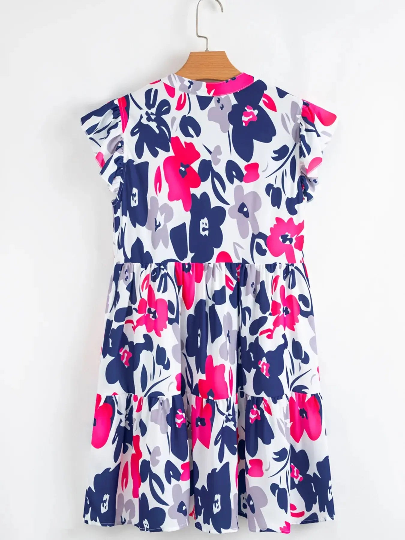 Bold Bloom Notched Neck Flutter Sleeve Mini Dress - Be Bliss Boutique