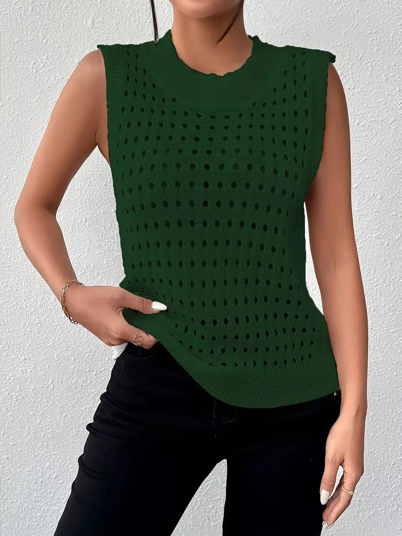 Hollow Out Round Neck Knit Sweater Tank - Be Bliss Boutique
