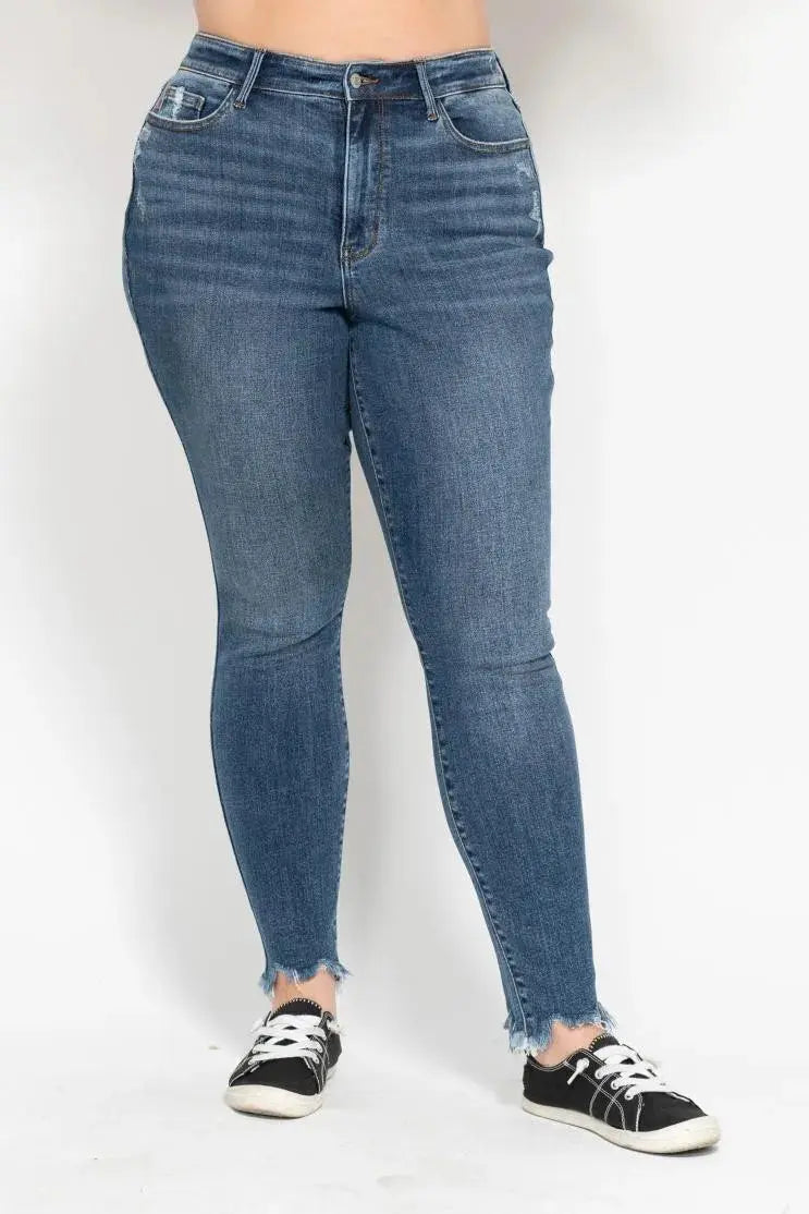 Plus Size High Waist Skinny Judy Blue Jeans with Destroy & Shark Bit Hem - Be Bliss Boutique