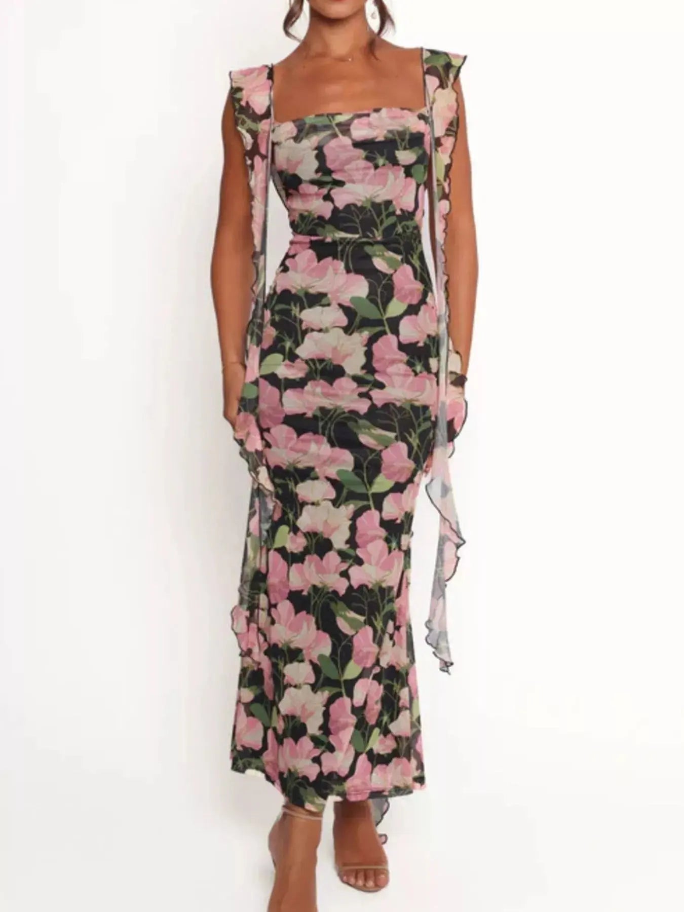 Floral Print Ruffle Trim Bodycon Maxi Dress - Be Bliss Boutique