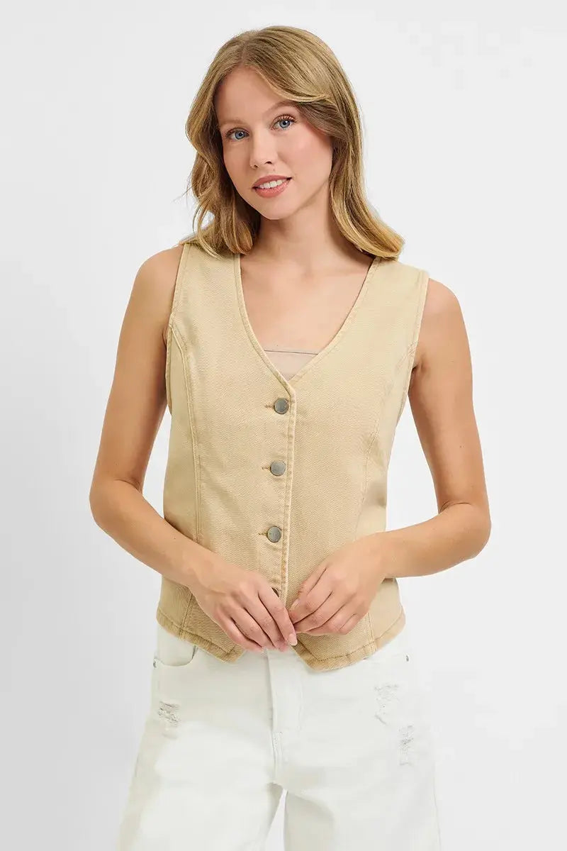 Full Size V Neck Button Down Vest by RISEN Jeans - Be Bliss Boutique