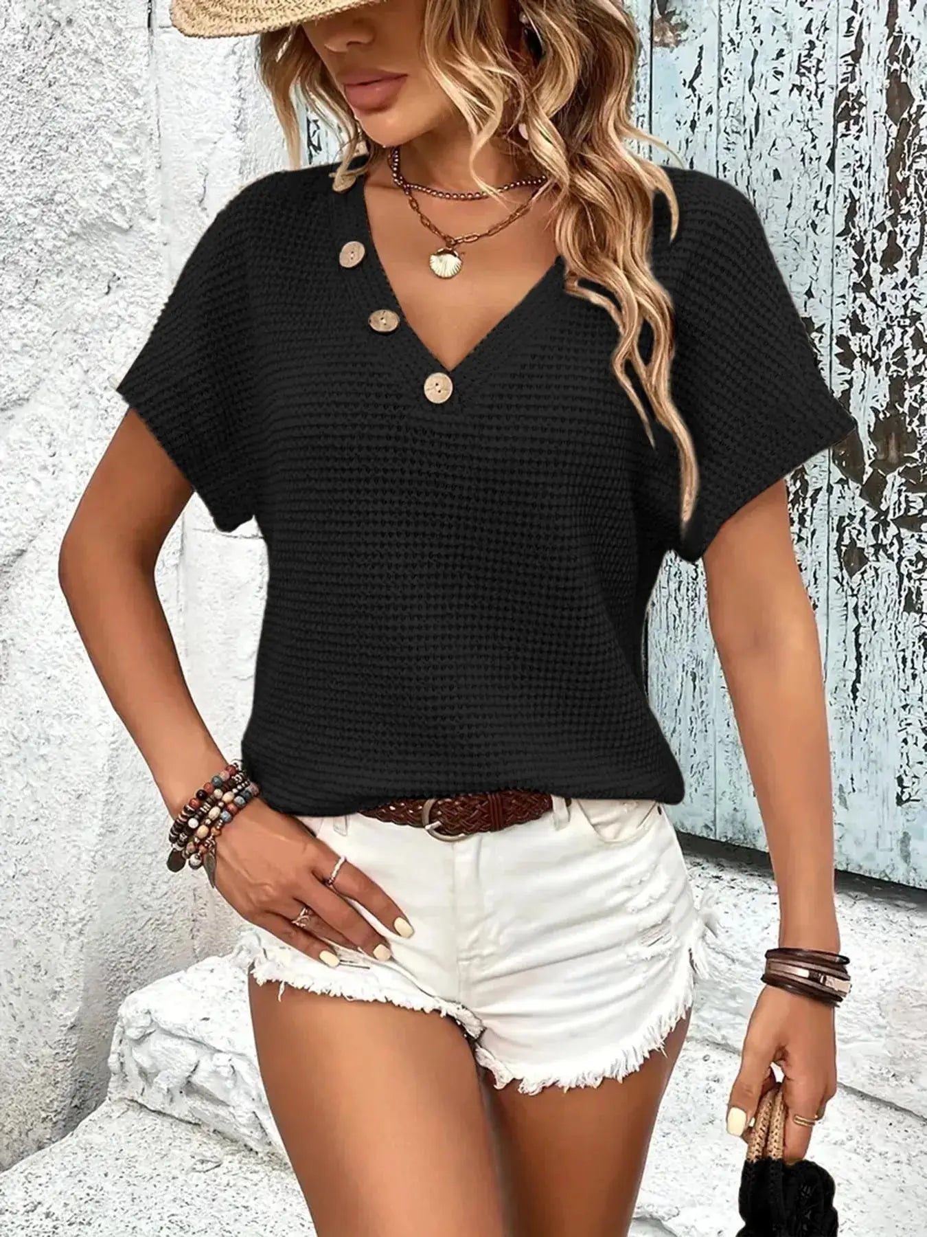 Textured Knit Womens V Neck T Shirt - Be Bliss Boutique