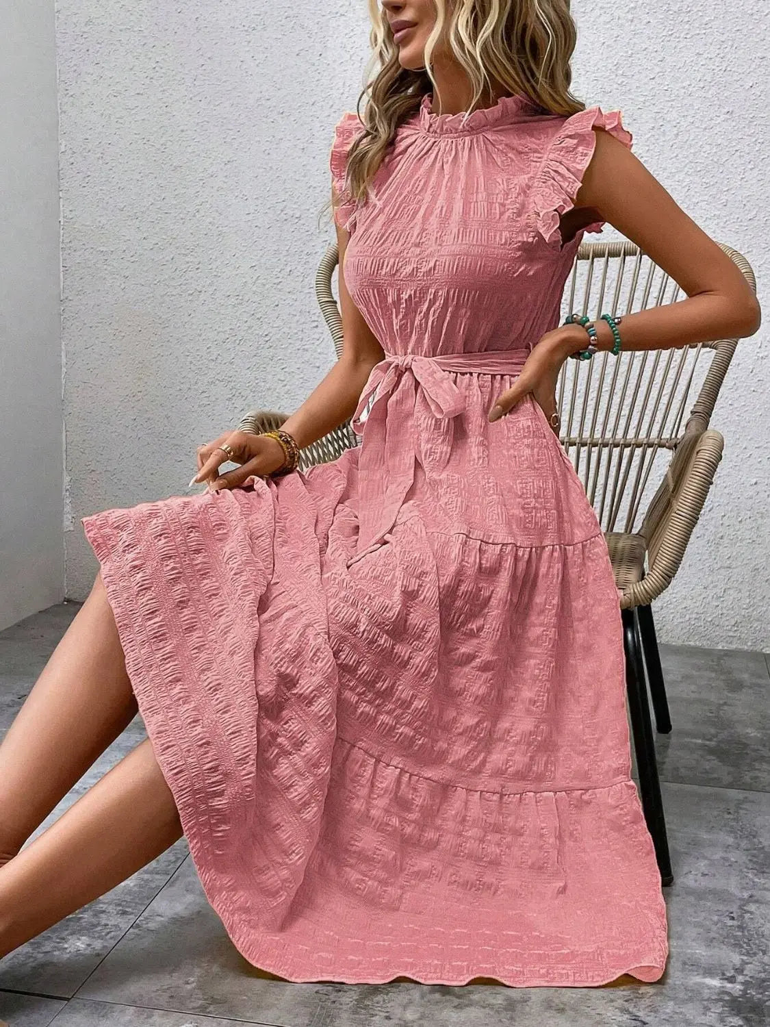 Tied Ruffled Cap Sleeve Midi Dress - Be Bliss Boutique