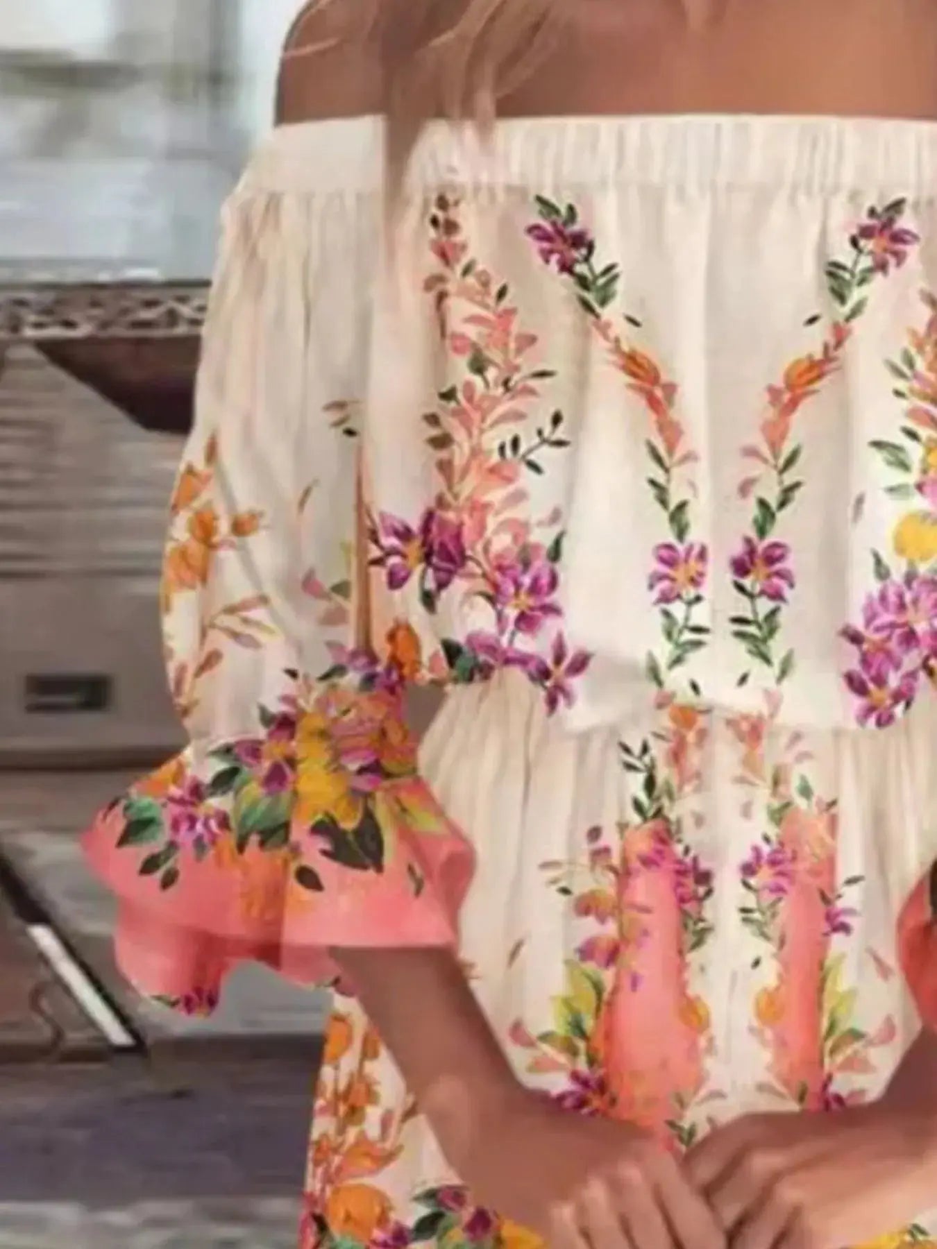 Full Size Floral Off Shoulder Mini Dress with Flounce Sleeves - Be Bliss Boutique