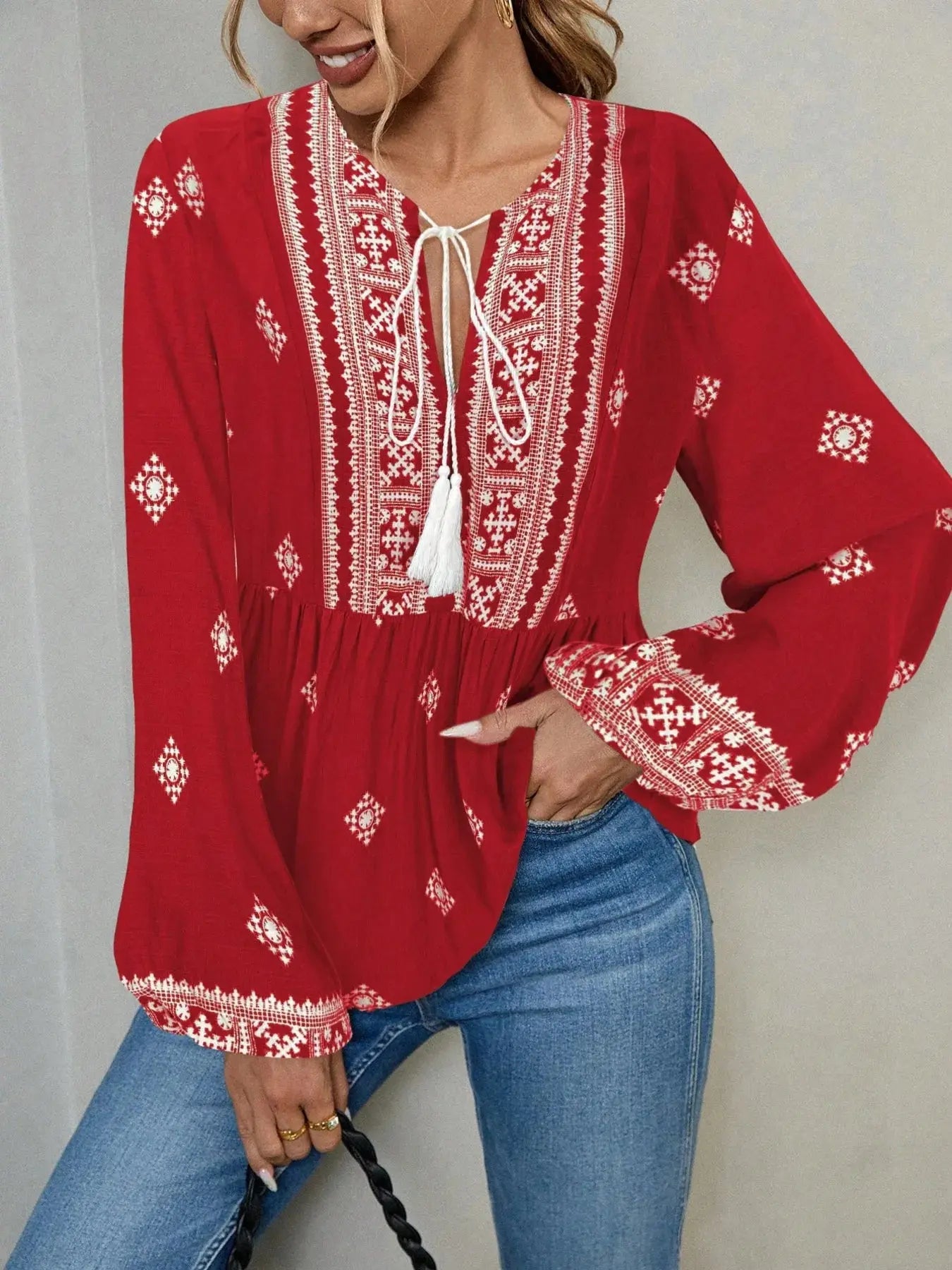 Tie Front Long Sleeve Boho Blouse - Be Bliss Boutique