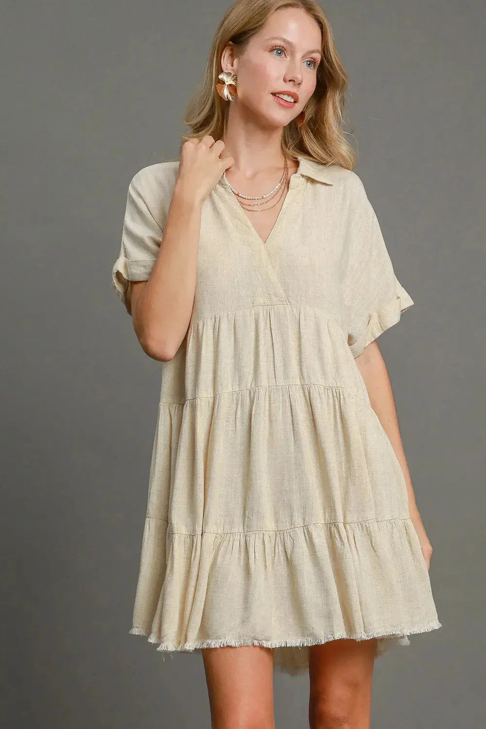 Umgee Full Size Raw Hem Folded Sleeve Womens Tiered Dress (Oatmeal) - Be Bliss Boutique