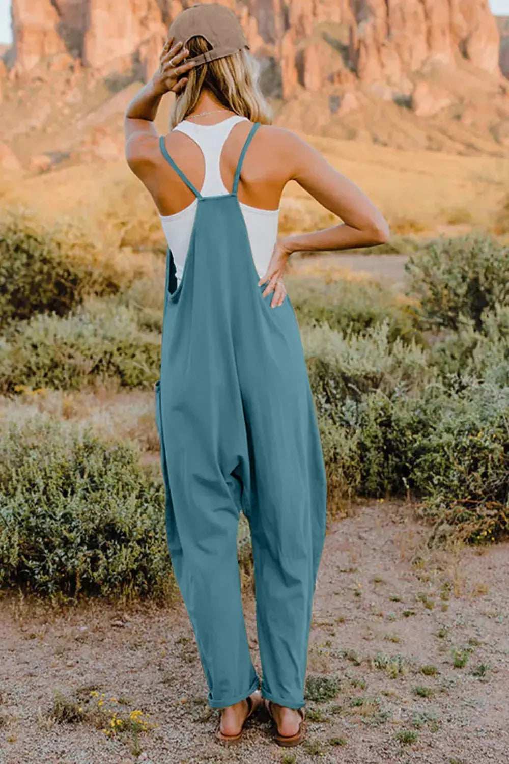 Double Take Full Size V-Neck Sleeveless Jumpsuit with Pockets - Be Bliss Boutique