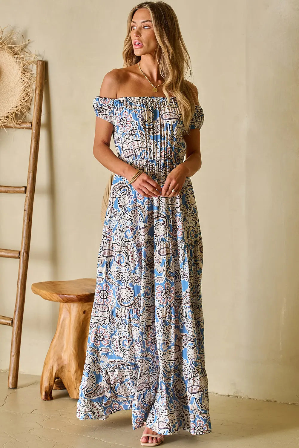 Blue Paisley Print Boho Off Shoulder Maxi Dress - Be Bliss Boutique