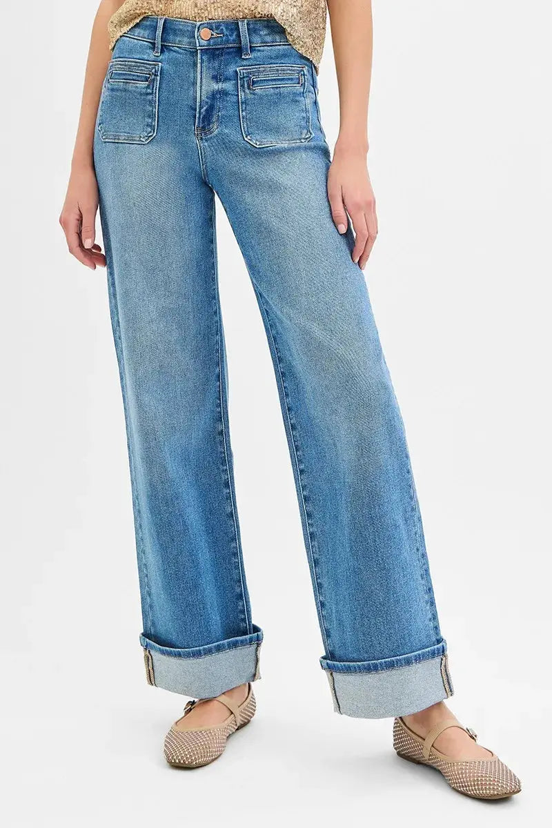 Full Size Elastic Band Mid Rise Wide Front Patch Pocket Cuff RISEN Jeans - Be Bliss Boutique