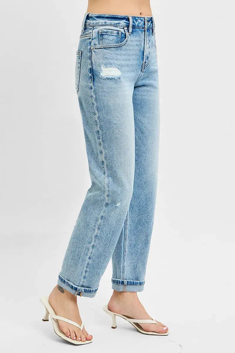Full Size High Rise Ankle Boyfriend Distressed RISEN Jeans - Be Bliss Boutique