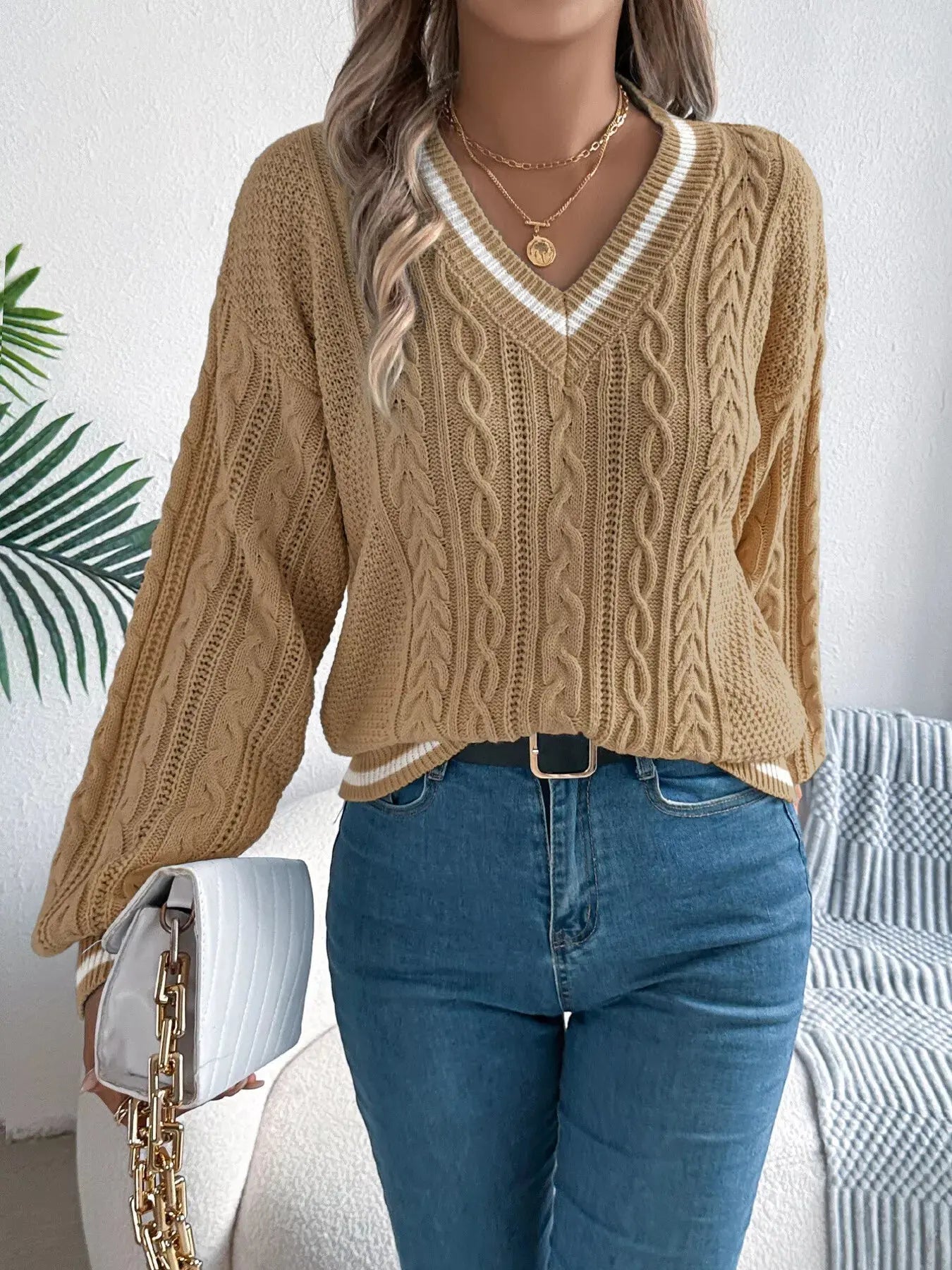 V-Neck Cable Knit Long Sleeve Sweater - Be Bliss Boutique
