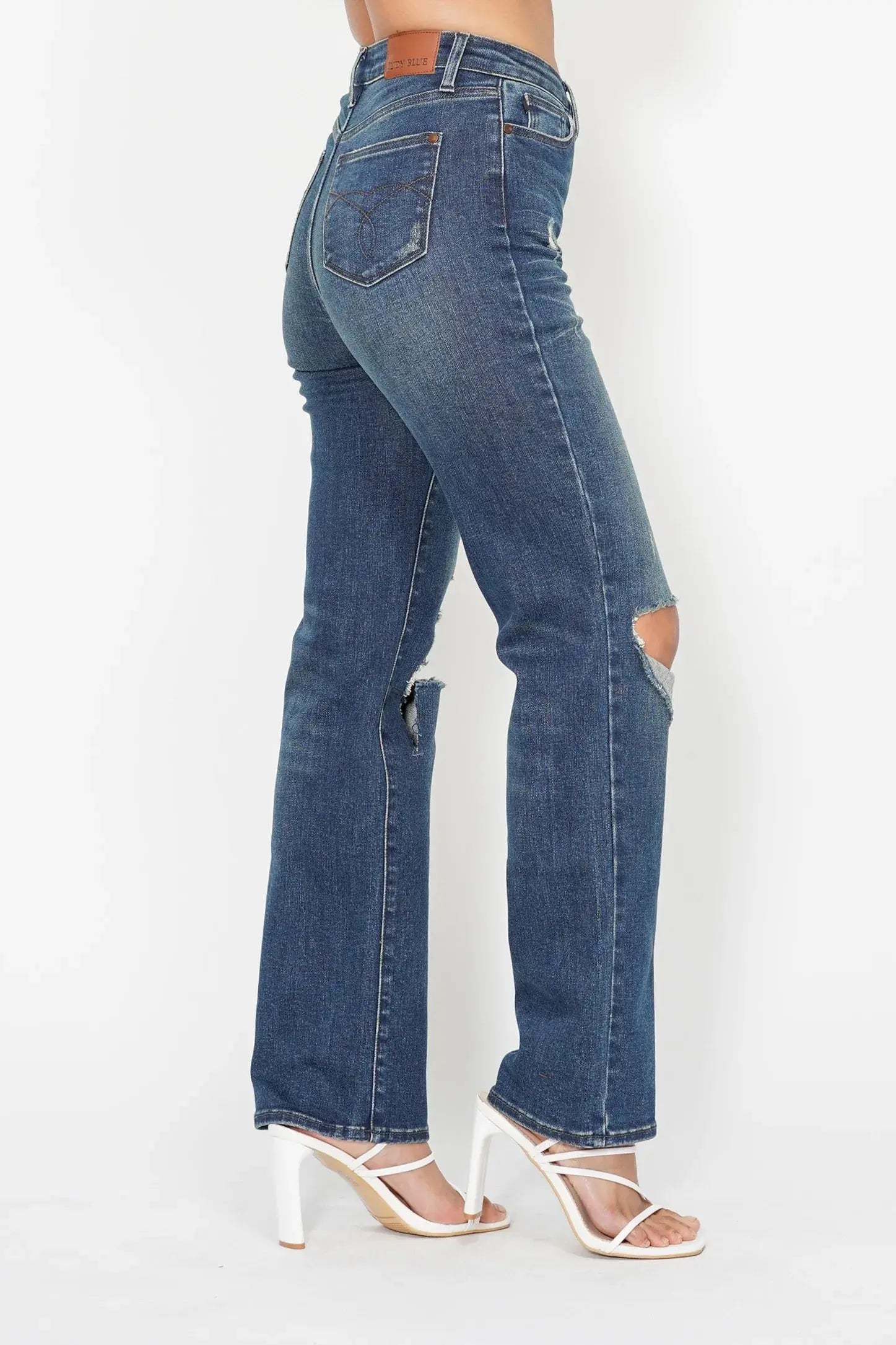 Full Size High Waist Ripped Knee Straight Leg Dad Judy Blue Jeans - Be Bliss Boutique