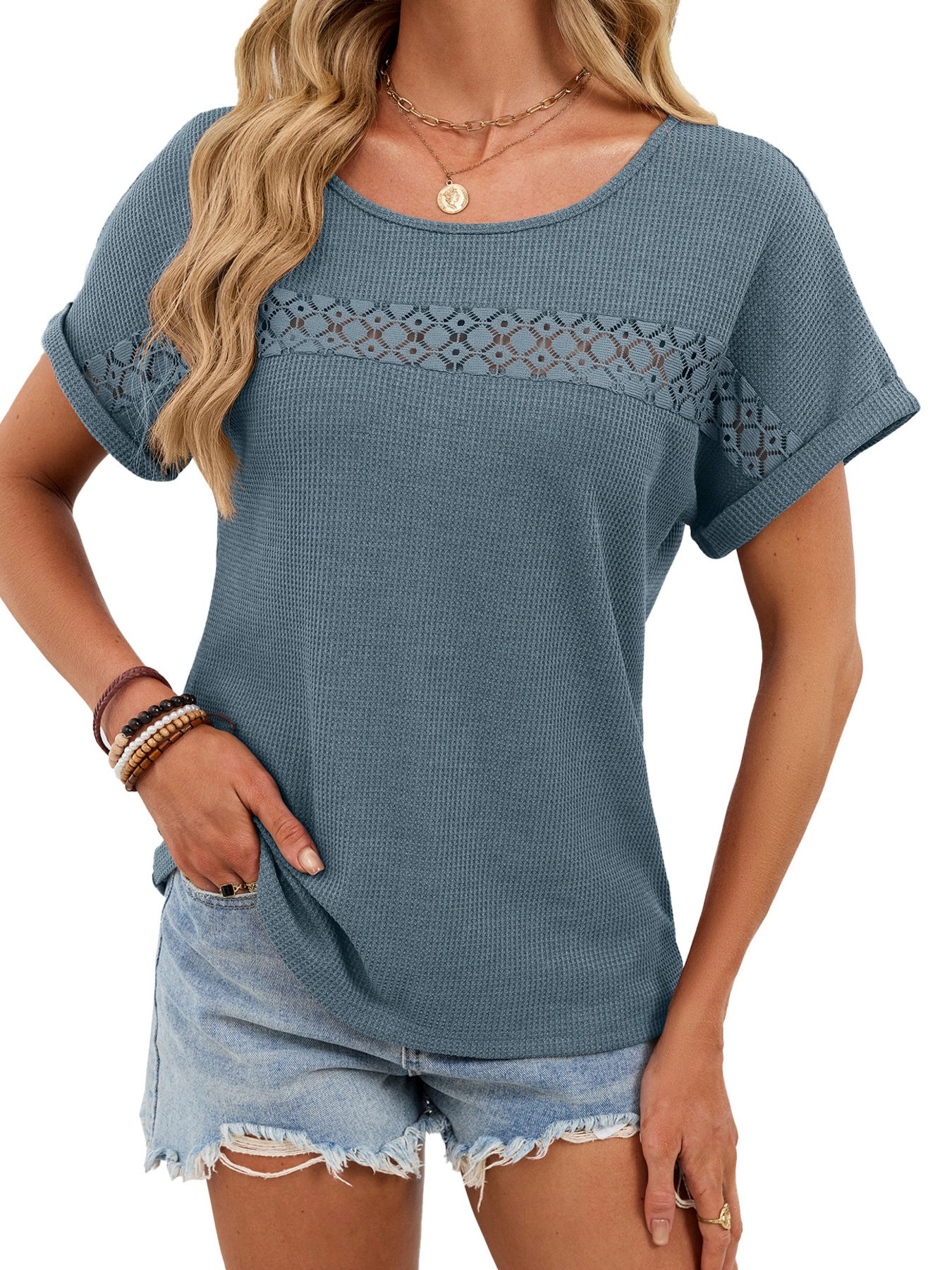 Lace Trim Short Sleeve T Shirt - Be Bliss Boutique