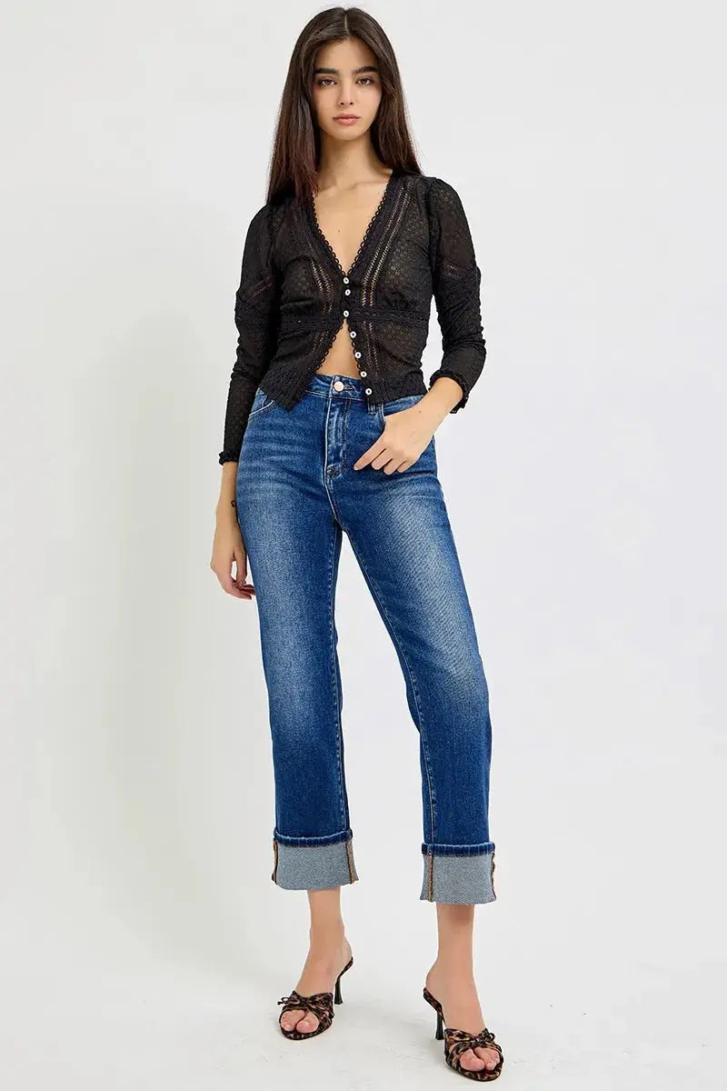Full/Plus Size High Rise Ankle Straight Cuffed RISEN Jeans - Be Bliss Boutique
