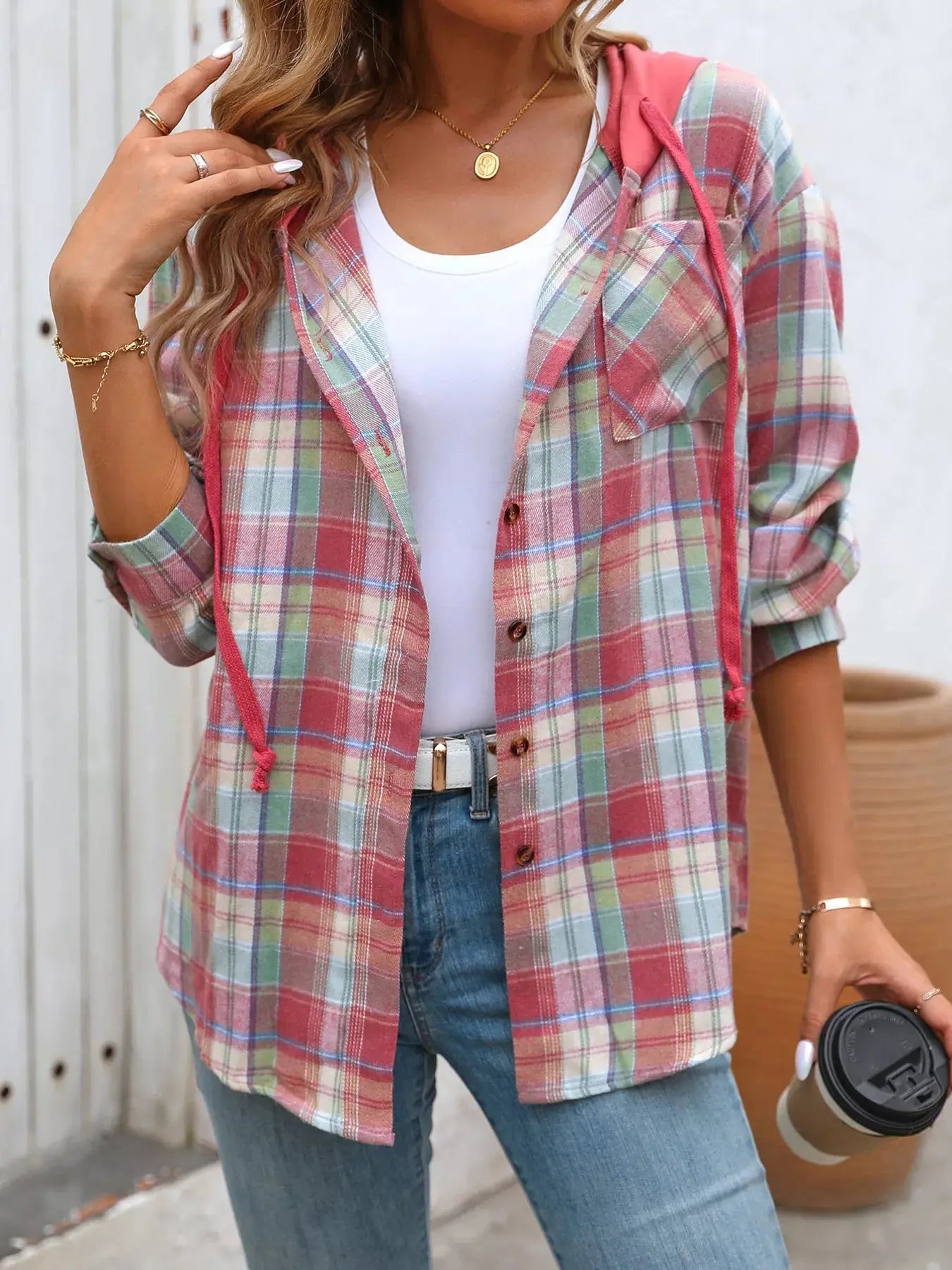 Plaid Button-Up Oversized Hooded Shirt with Chest Pocket - Be Bliss Boutique