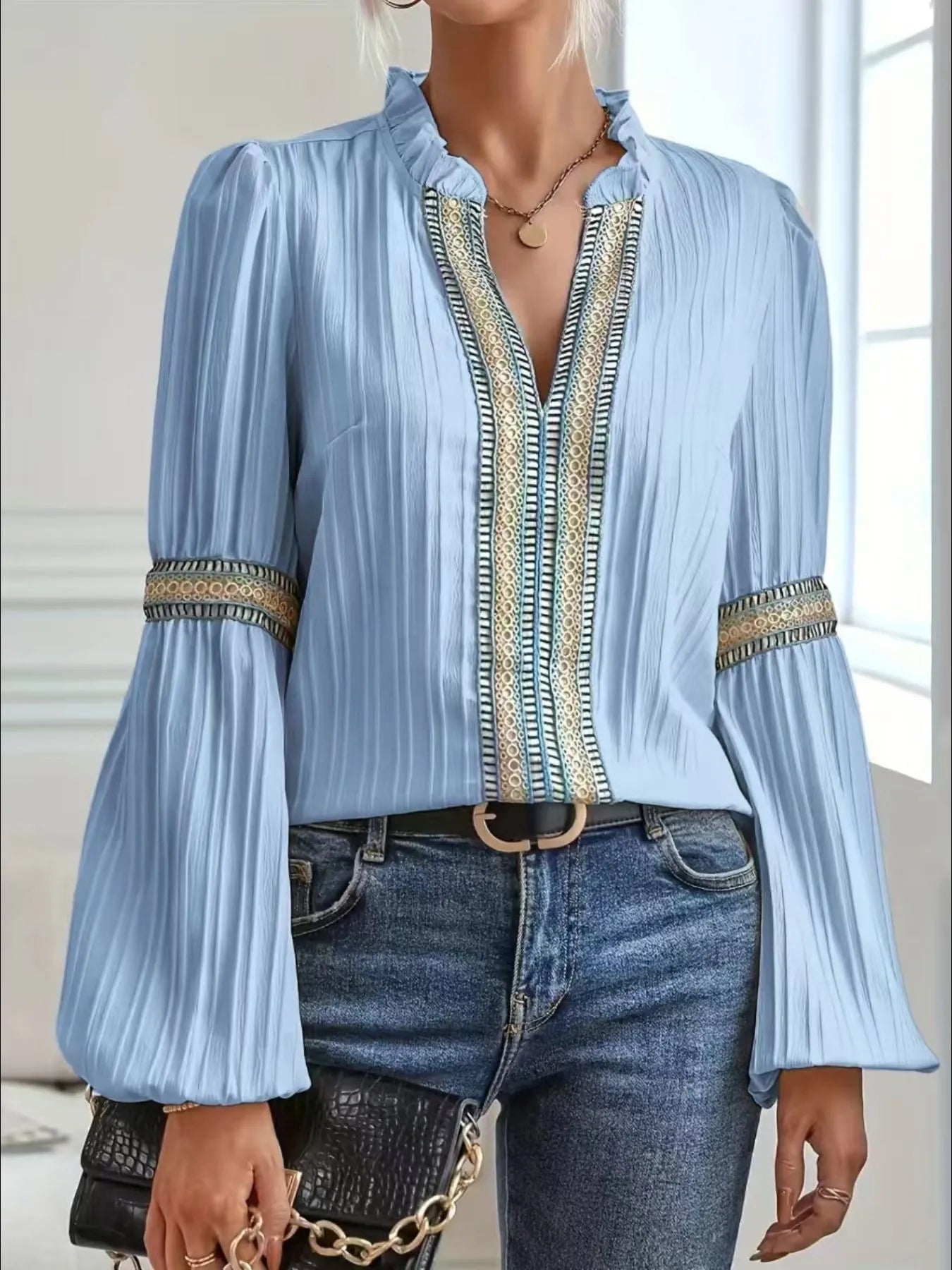 Textured Notched Balloon Sleeve Elegant Blouse - Be Bliss Boutique