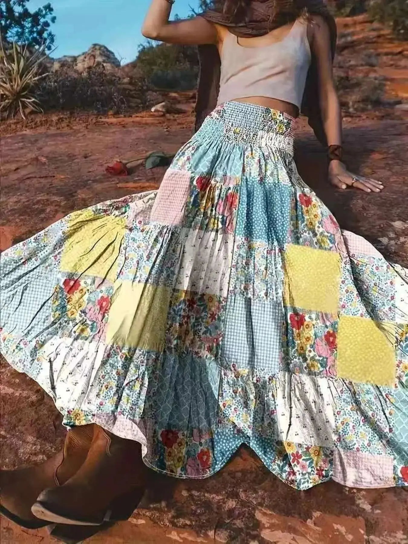 Smocked Waist Patchwork Tiered Bohemian Maxi Skirt with Pockets - Be Bliss Boutique