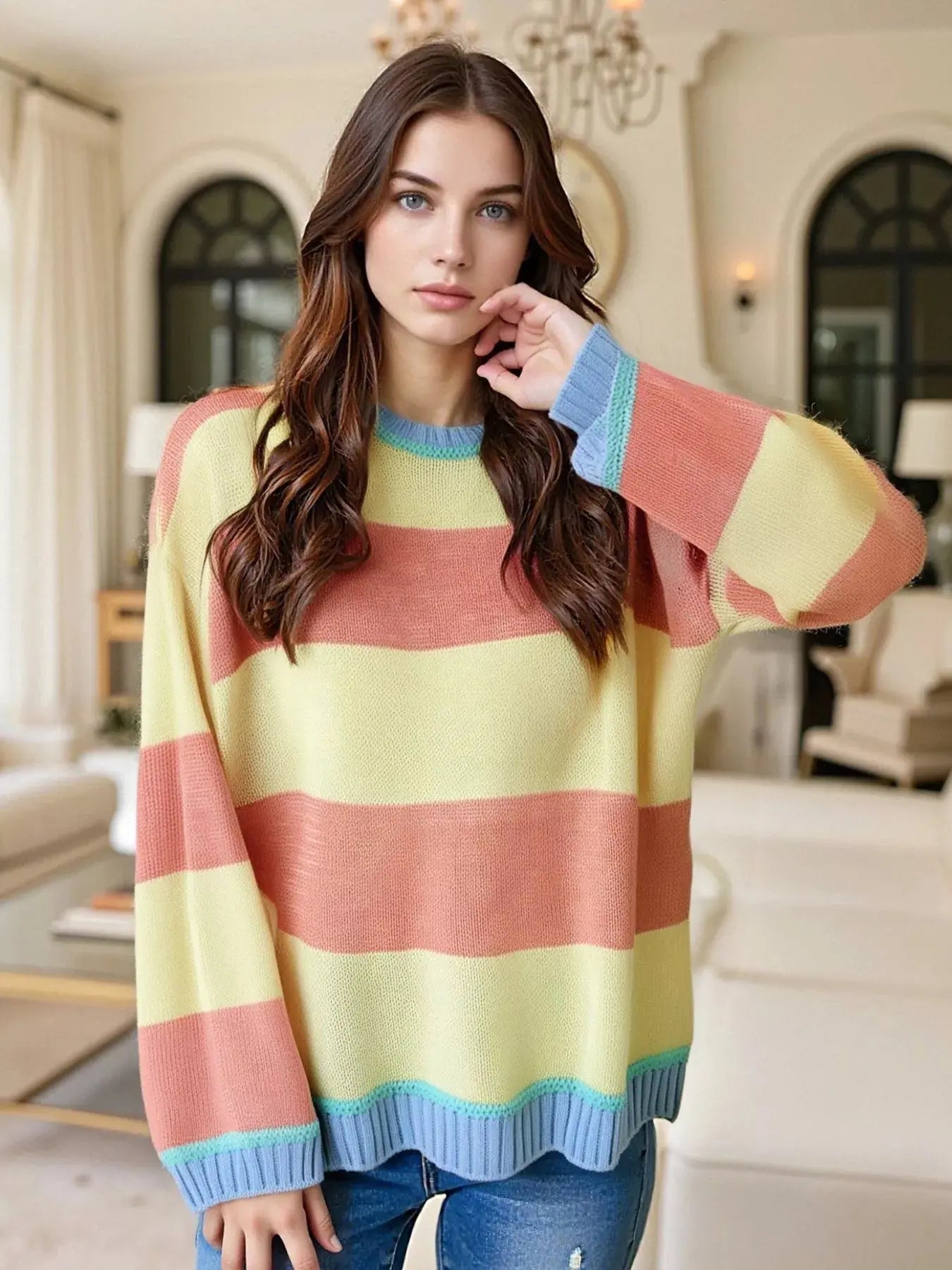 Color Block Oversized Round Neck Sweater - Be Bliss Boutique