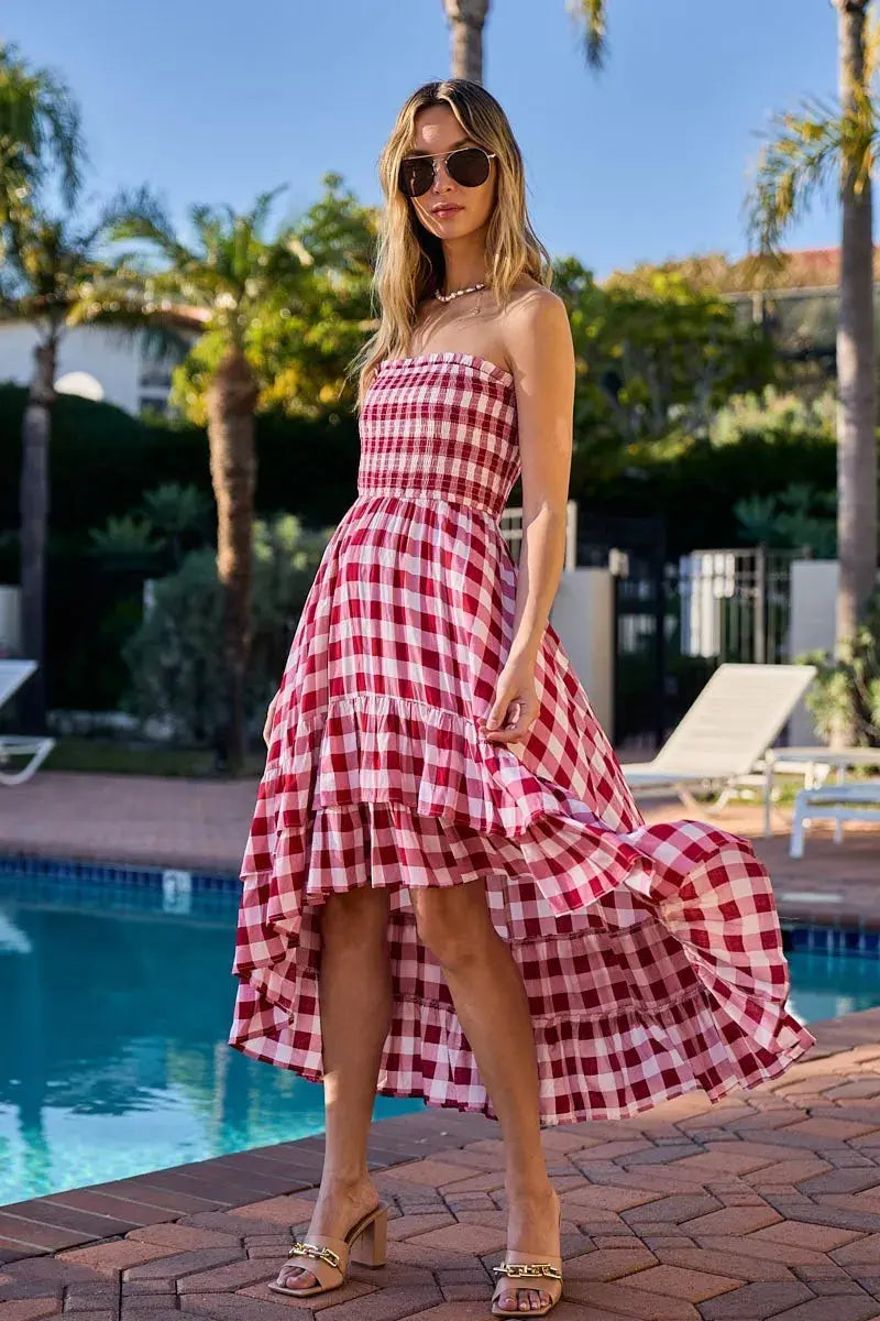 BiBi Smocked Body Off Shoulder Check Dress (Red) - Be Bliss Boutique