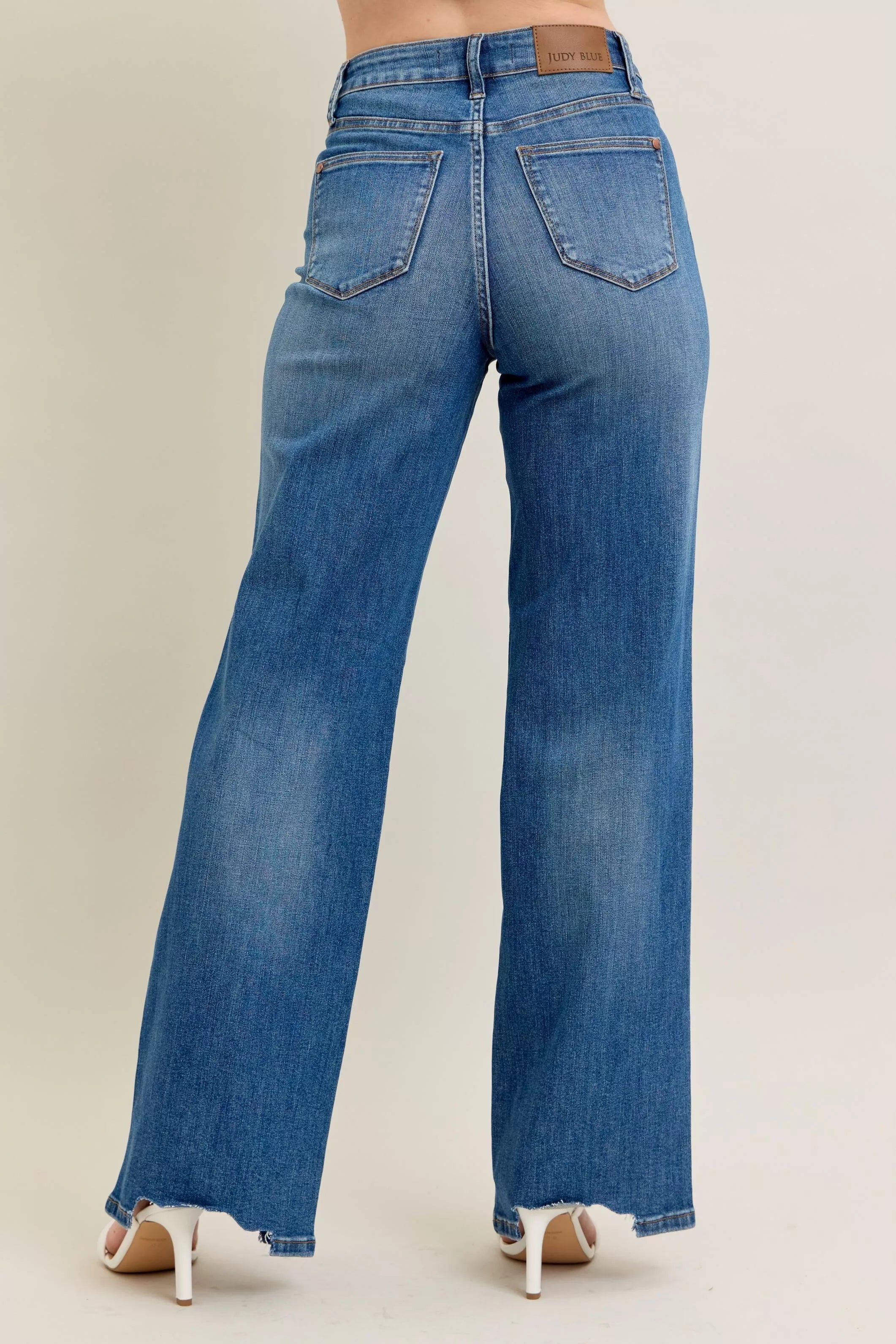 Judy Blue Full Size High Waist Tummy Control Chew Hem Destroy Wide Jeans Plus Size - Be Bliss Boutique
