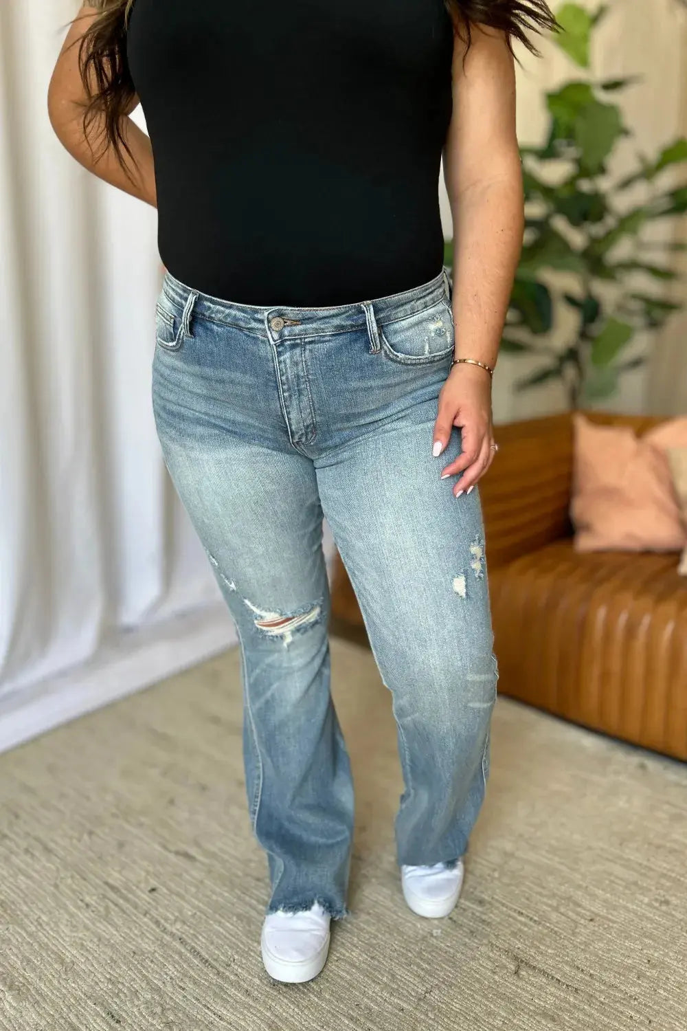 Plus Size Medium Rise Tummy Control Destroy Flare Judy Blue Jeans - Be Bliss Boutique