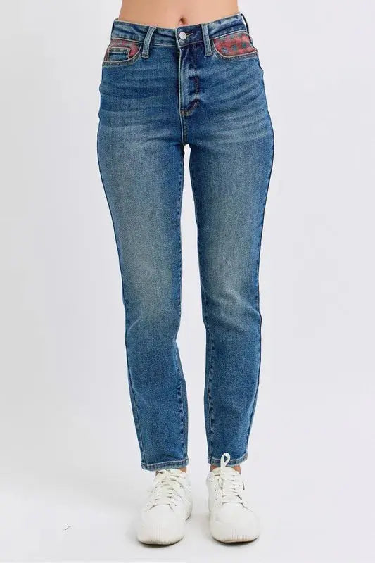 Plus Size High Waist Plaid Patch Slim Fit Judy Blue Jeans - Be Bliss Boutique
