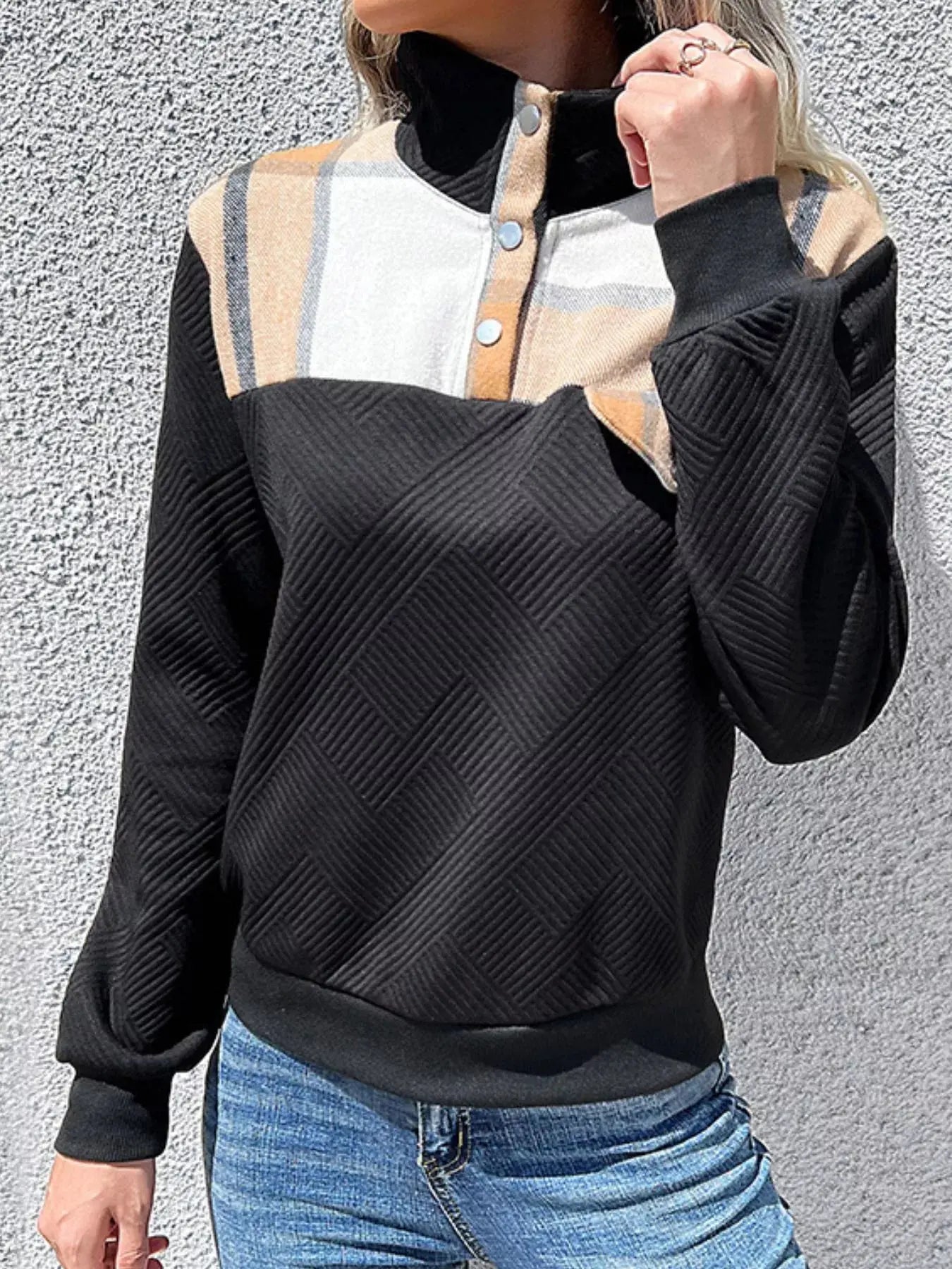 Color Block Texture Long Sleeve Sweatshirt - Be Bliss Boutique