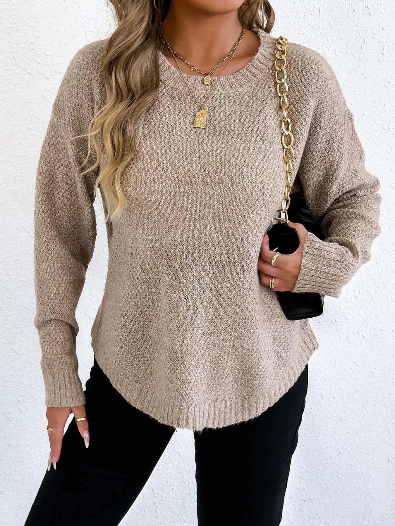 Round Neck Textured Knit Relaxed Fit Sweater - Be Bliss Boutique