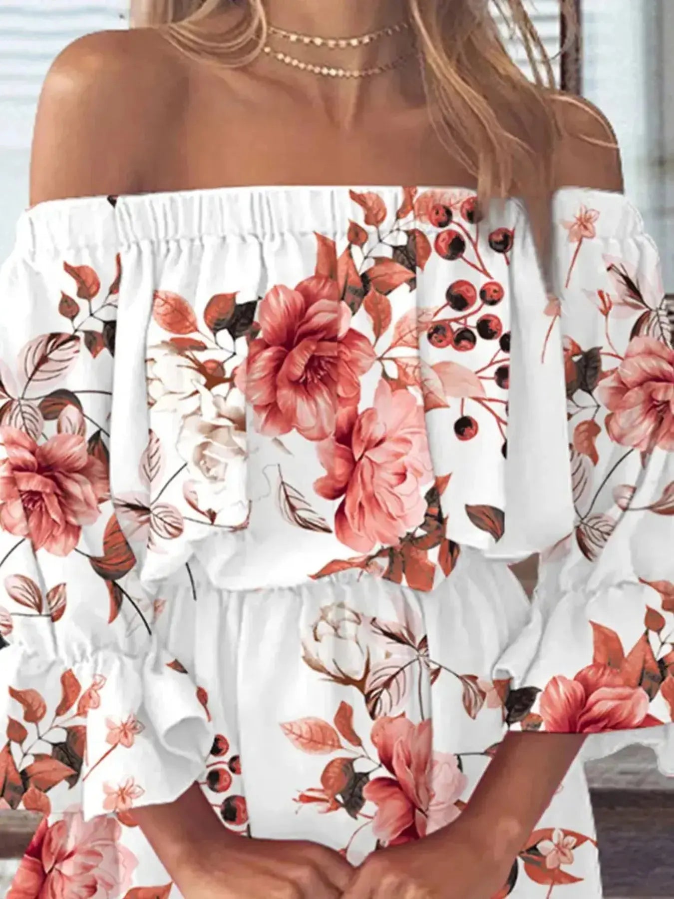 Full Size Floral Off Shoulder Mini Dress with Flounce Sleeves - Be Bliss Boutique