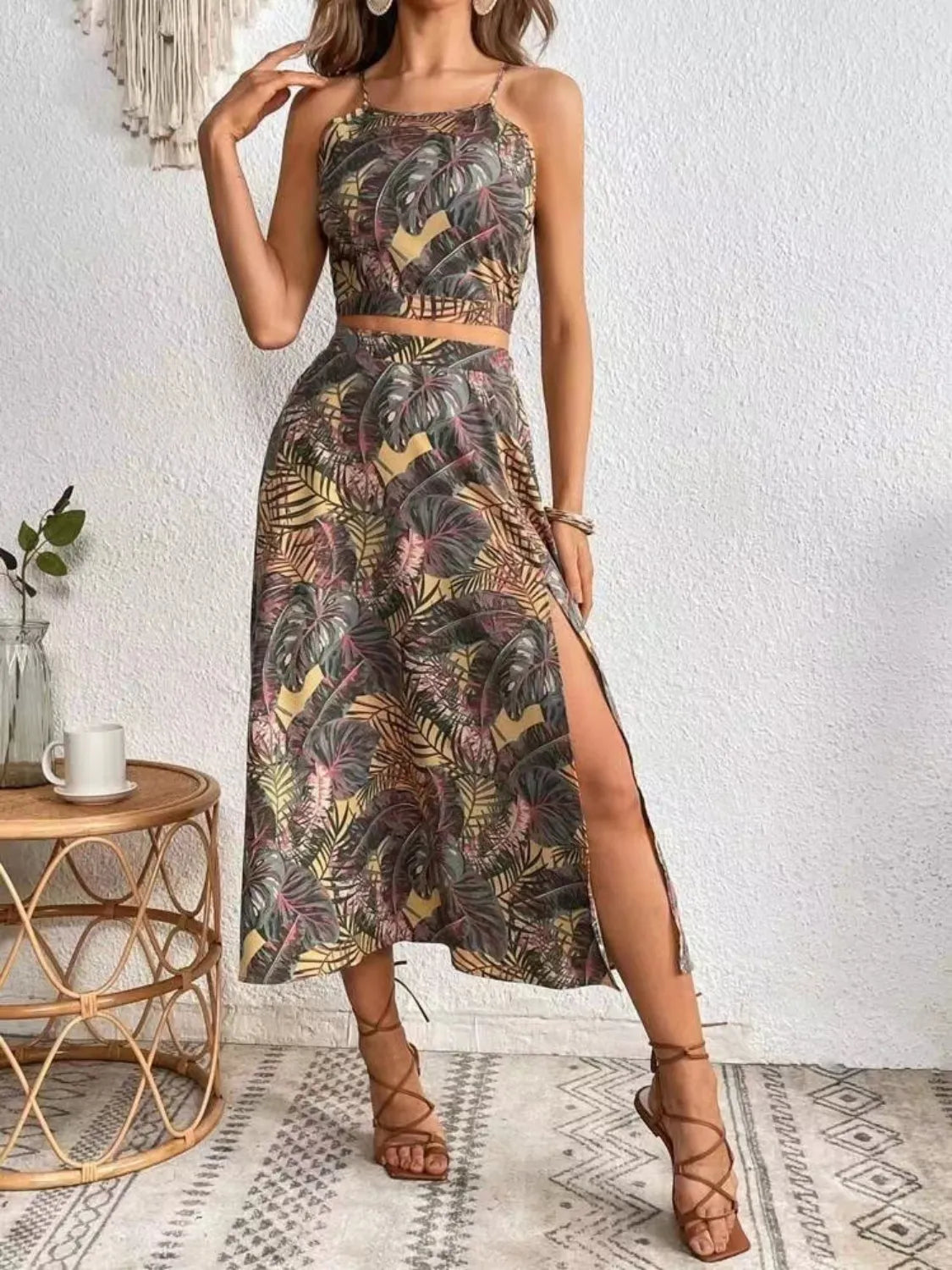 Tropical Leaf Print Two Piece Midi Skirt Set - Be Bliss Boutique