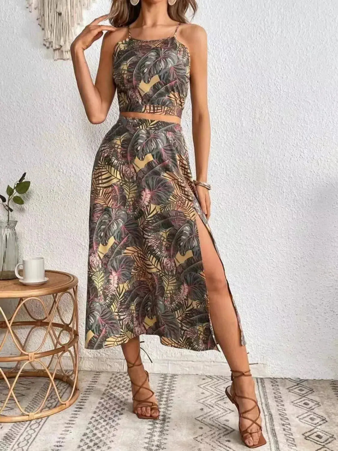 Tropical Leaf Print Two Piece Midi Skirt Set - Be Bliss Boutique