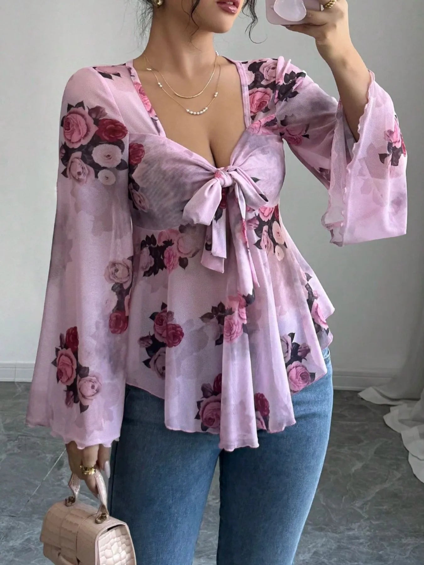 Floral Tie Front Flare Sleeve Blouse -  Be Bliss Boutique