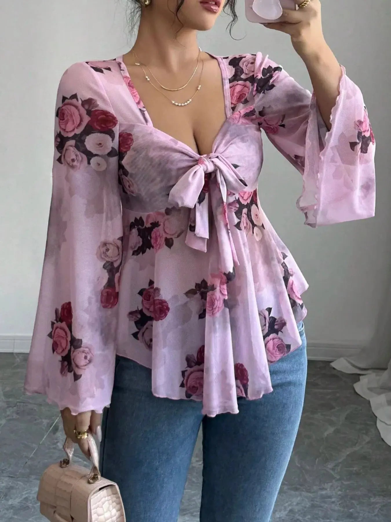 Floral Tie Front Flare Sleeve Blouse - Be Bliss Boutique