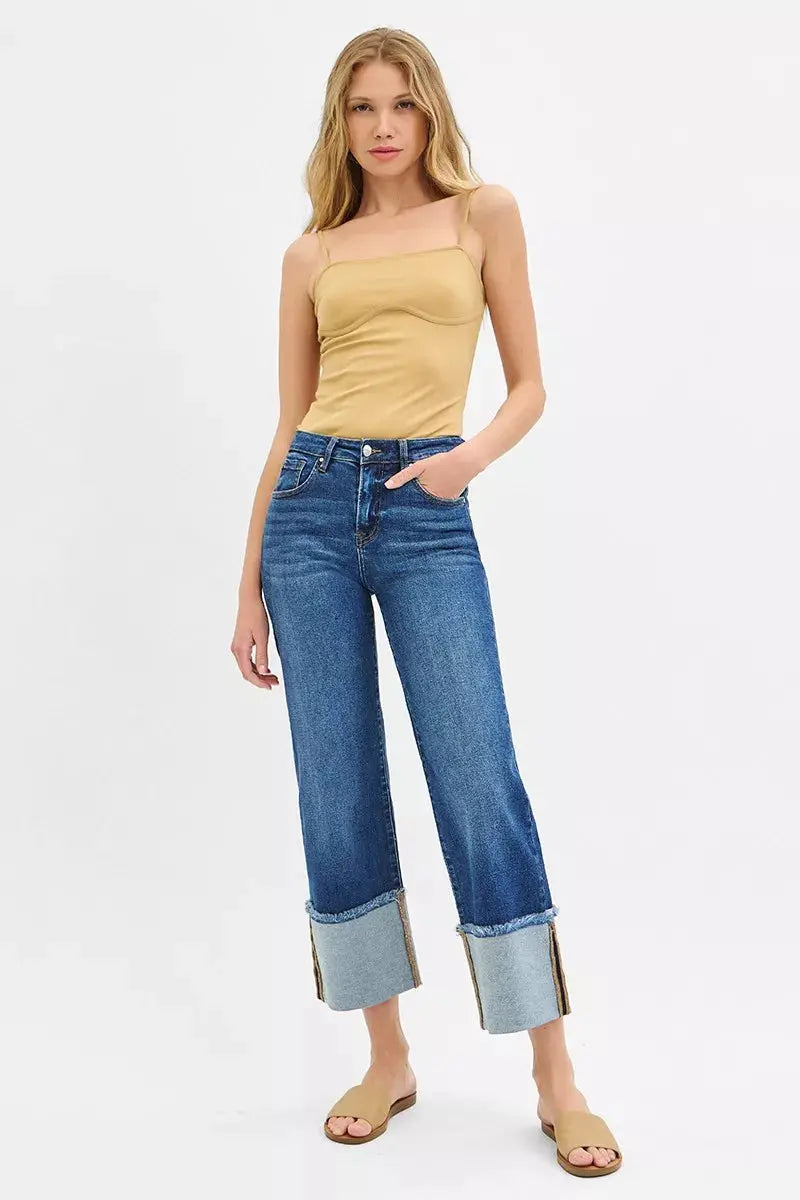 RISEN Jeans - Full Size Mid Rise Crop Wide Wide Cuffed Jeans - Be Bliss Boutique
