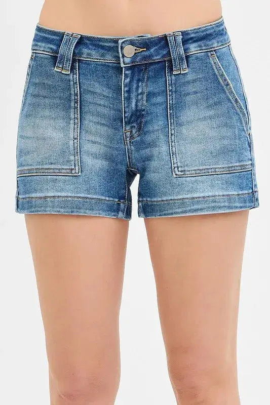 RISEN Jeans - Low Rise Patched Pocket Shorts - Be Bliss Boutique